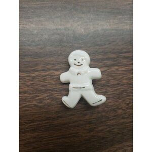 Vtg Frosted Gingerbread Man Cookie Pin Brooch Handcrafted White W/ Gold Unsigned